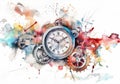 Watercolor illustration of a vintage clock face and gears with colorful splashes of watercolor paint Royalty Free Stock Photo