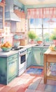 watercolor illustration, vintage cozy kitchen image, smartphone wallpaper, printable painting,