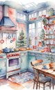 watercolor illustration, vintage cozy kitchen image, smartphone wallpaper, printable painting,