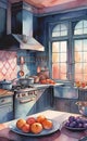 watercolor illustration, vintage cozy kitchen image, smartphone wallpaper, printable painting,