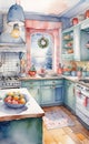 watercolor illustration, vintage cozy kitchen image, smartphone wallpaper, printable painting,