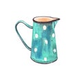 Watercolor illustration .vintage enameled tableware for milk or other liquids. enameled blue pitcher with white polka