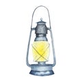 Watercolor illustration of vintage kerosene lamp isolated on a white background. Royalty Free Stock Photo