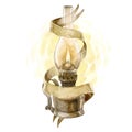 Watercolor illustration of vintage kerosene lamp with ribbon paper banner isolated on white background.