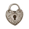 Watercolor illustration of vintage lock with heart shape