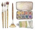 Watercolor illustration of vintage watercolor palette, oil tube, paint brushes isolated on a white background.