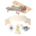 Watercolor illustration of vintage plane, binoculars, compass, map and vintage scroll for inscriptions isolated