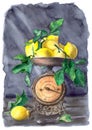 Watercolor illustration of a vintage scale with a bowl of ripe yellow lemons