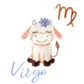 Watercolor illustration Virgo Bull Symbol of the year 2021 Zodiac Funny and cute Cow New Year illustration