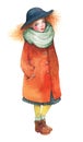 Watercolor illustration of a walking girl with ginger hair. Character design.