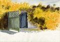 Watercolor illustration of a wall of a whitewashed house entwined with yellow bougainvillea