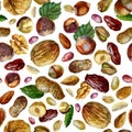 Watercolor illustration, walnut pattern. Peanut. Inshell peanuts, peeled peanuts, peanut grains in the husk. Hazelnut. Inshell