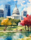 Watercolor illustration of Washington city, capital of America. Abstract buildings, architecture