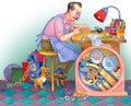 Watercolor illustration. Watchmaker at his workshop