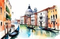 watercolor illustration of water canals with gondolas in Venice. travelling in Italy, postcard
