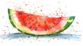 Watercolor illustration of a watermelon slice with juice splashes. Aquarelle painting of a watermelon section with Royalty Free Stock Photo