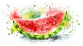 Watercolor illustration of a watermelon slice with juice splashes. Aquarelle painting of a watermelon section with Royalty Free Stock Photo