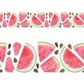 Watercolor illustration of a watermelon slices horizontal border on the white background, sweet red juicy fruit, healthy organic Royalty Free Stock Photo
