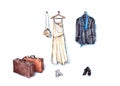 Watercolor illustration: wedding white dress and men`s suit, wedding white shoes and black men`s shoes, leather brown suitcases Royalty Free Stock Photo