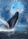 Watercolor illustration of a whale emerging from the ocean