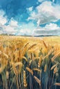Watercolor illustration of a wheat yellow field. Generative Ai. Art landscape