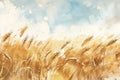 Watercolor illustration of a wheat yellow field. Generative Ai. Art landscape