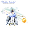 Watercolor illustration. Wheelchair Backetball Paralympic sport. Figure of disabled athlete in the wheelchair with a