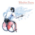 Watercolor illustration. Wheelchair Fencing sport. Figure of disabled athlete in the wheelchair with a sword. Active