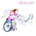 Watercolor illustration. Wheelchair Tennis sport. Figure of disabled athlete in the wheelchair with a racket. Active