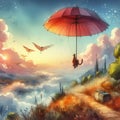 A watercolor illustration of a whimsical flying umbrella as a m