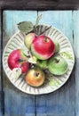 Watercolor illustration of a white ceramic plate with red and green ripe apples
