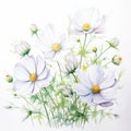 White Magic Cosmos Watercolor Painting On White Background