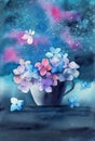 Watercolor illustration of a white cup with colorful purple, pink and blue hydrangea flowers