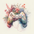 Watercolor illustration of a white gaming controller holding flowers