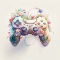 Watercolor illustration of a white gaming controller holding flowers