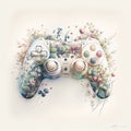 Watercolor illustration of a white gaming controller holding flowers