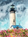 Watercolor illustration of a white lighthouse in a field of yellow and red wild flowers