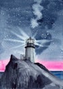 Watercolor illustration of a white lighthouse on a high rocky hill above the sea