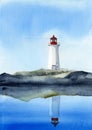 Watercolor illustration of a white lighthouse on a rocky island