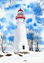 Watercolor illustration of a white Marblehead Light lighthouse Royalty Free Stock Photo