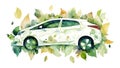 Watercolor illustration of white modern car amidst green foliage