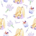 Watercolor illustration. White pattern with lavender bunny and cupcakes Royalty Free Stock Photo