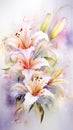 Watercolor illustration of white pink lilies bouquet on soft purple pink background with aquarelle splashes and stains Royalty Free Stock Photo