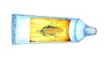Watercolor illustration of a white pipe with a yellow label and corn on it. Royalty Free Stock Photo