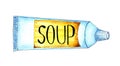 Watercolor illustration of a white pipe with a yellow label and the word soup on it.