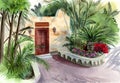 Watercolor illustration of a white stucco house with a red wooden door with tropical palm trees Royalty Free Stock Photo