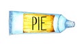 Watercolor illustration of a white tube with a yellow label and pie on it