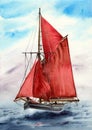 Watercolor illustration of a white yacht with bright red sails Royalty Free Stock Photo