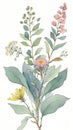 Watercolor illustration of wildflowers and eucalyptus branches