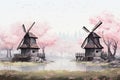 Watercolor illustration of windmills in a rural landscape with cherry blossoms